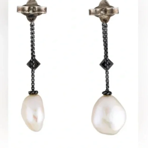 David Yurman Pearl & Diamond Solari Black Chain Drop Earrings EUC